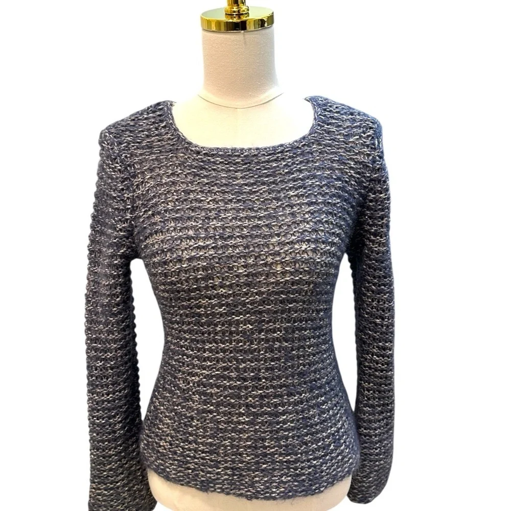 J.Jill Women’s Marled Open Knit Square Neck Flare Sleeve Blue/Gray Sweater Sz XS